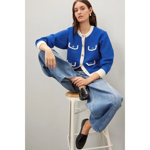 NWT SANDRO Murcie Green Ivory Knit Boxy Crest Button Cardigan Sweater, Size 1/S - Picture 5 of 16